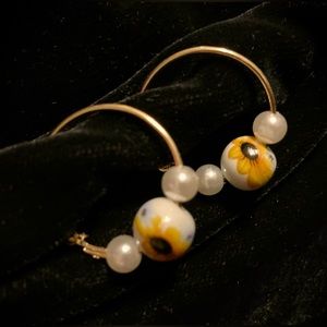 New Golden Hoops featuring Porcelain Sunflower Beads and Vegan Pearls